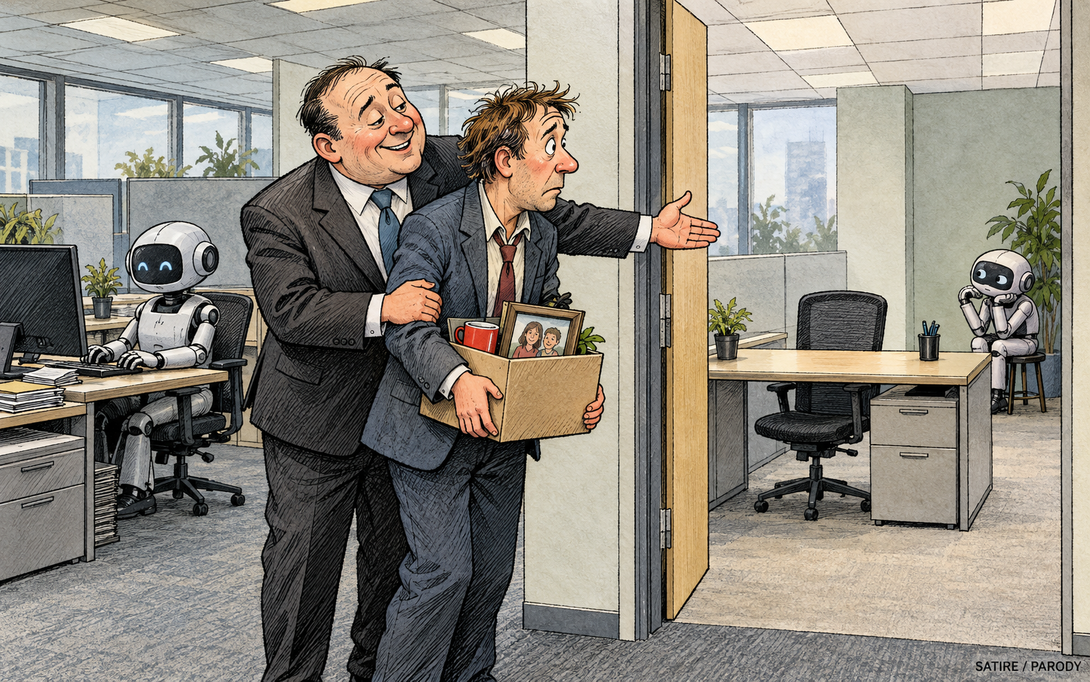 Editorial illustration for "AI Transition Scheme Gives Laid-Off Workers More Time to Train for Jobs AI Hasn’t"